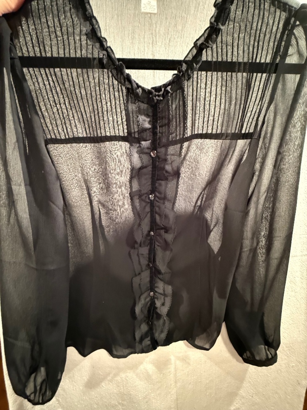 Ann Taylor LOFT Black Sheer Chiffon Ruffle Pintuck Blouse Balloon Sleeve 10